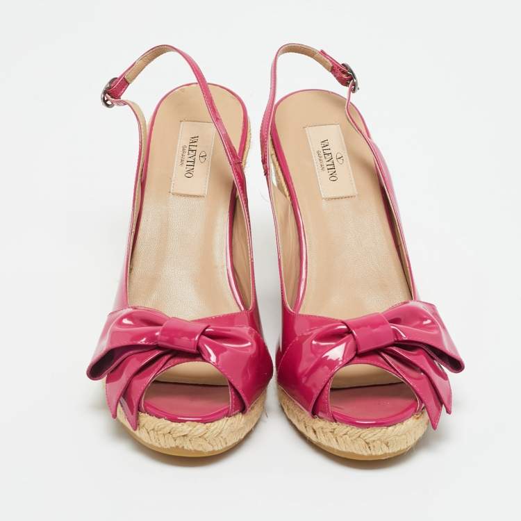 Pre Owned Valentino Purple Patent Leather Bow Espadrille Wedge Slingback Sandals Size 40