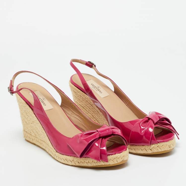 Pre Owned Valentino Purple Patent Leather Bow Espadrille Wedge Slingback Sandals Size 40