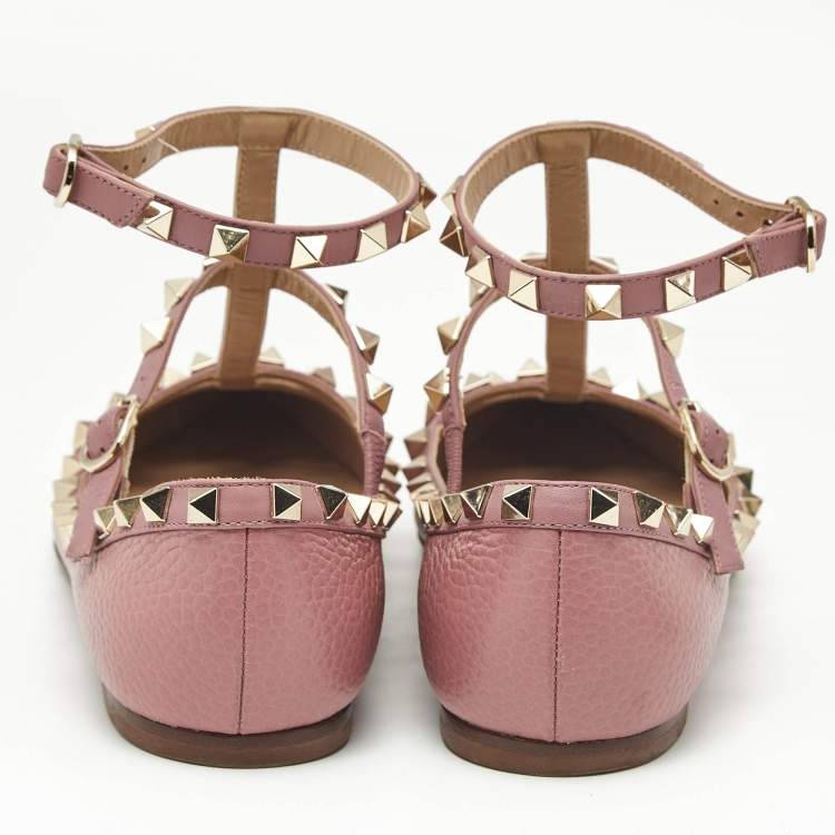 Pre Owned Valentino Pink Leather Rockstud Caged Ballet Flats Size 36