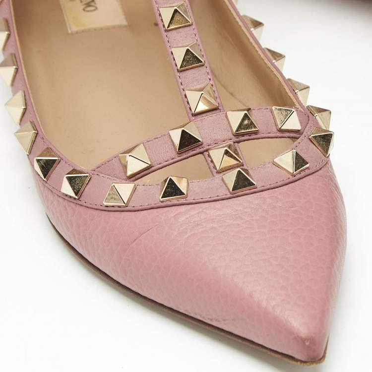 Pre Owned Valentino Pink Leather Rockstud Caged Ballet Flats Size 36