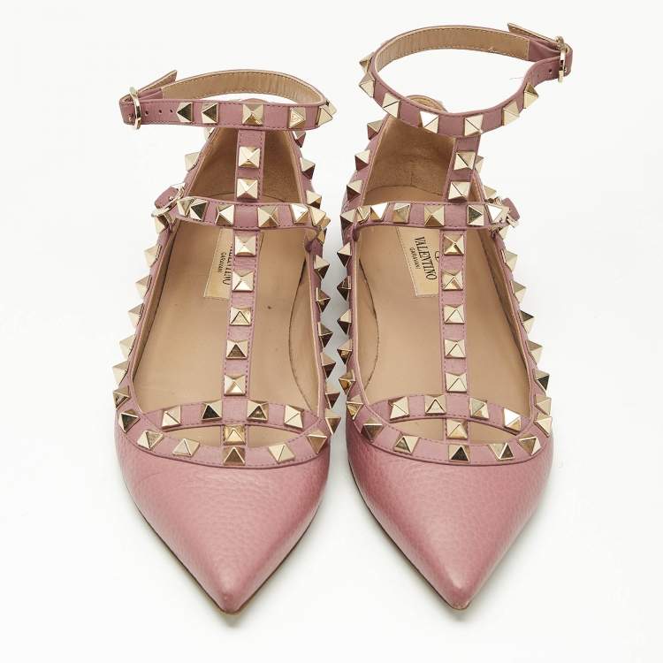 Pre Owned Valentino Pink Leather Rockstud Caged Ballet Flats Size 36