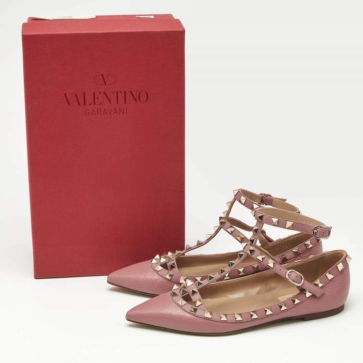 Pre Owned Valentino Pink Leather Rockstud Caged Ballet Flats Size 36
