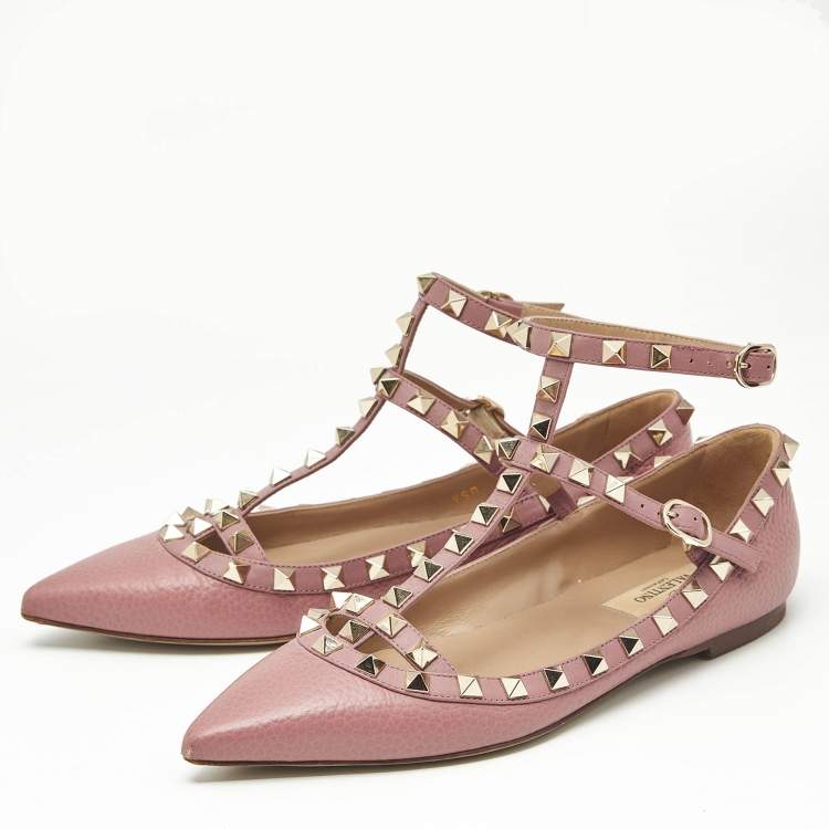 Pre Owned Valentino Pink Leather Rockstud Caged Ballet Flats Size 36