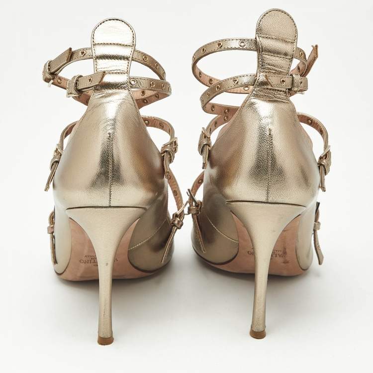 Pre Owned Valentino Gold/Beige Leather Love Latch Eyelet Embellished Pumps Size 38