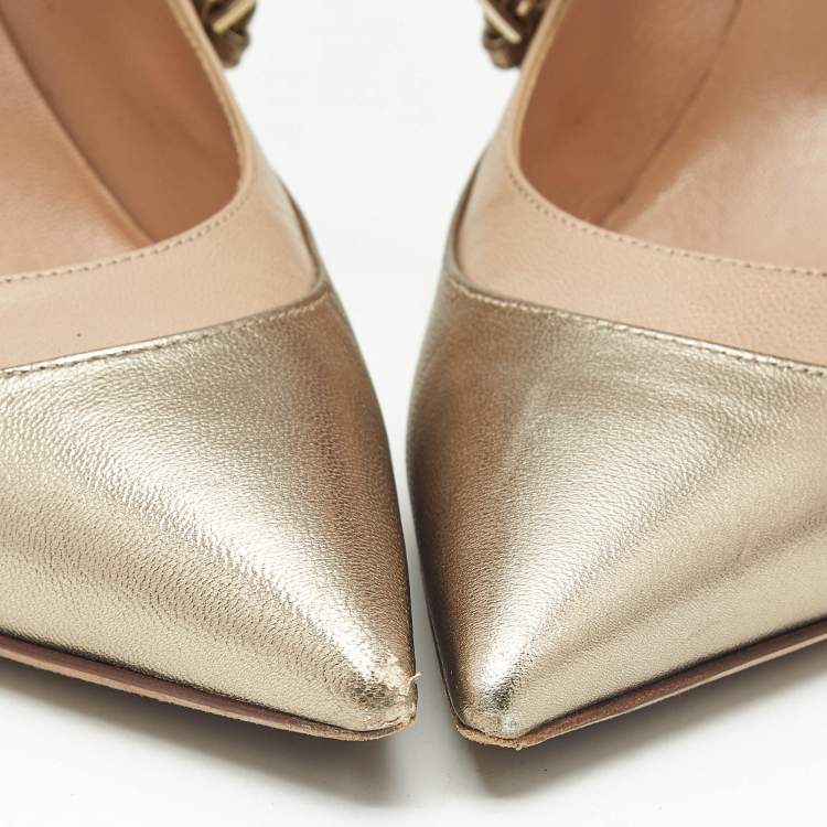 Pre Owned Valentino Gold/Beige Leather Love Latch Eyelet Embellished Pumps Size 38