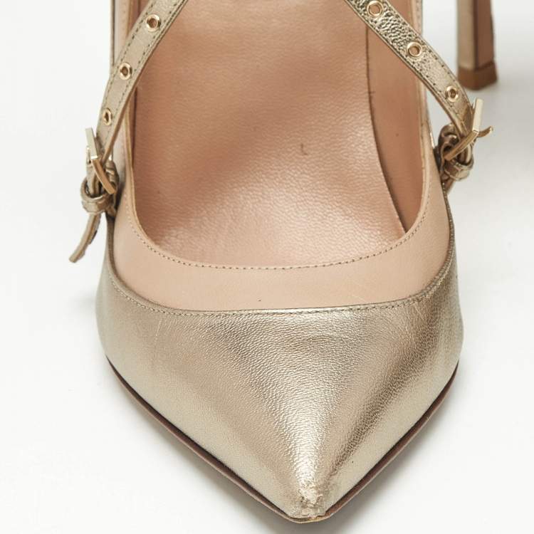 Pre Owned Valentino Gold/Beige Leather Love Latch Eyelet Embellished Pumps Size 38