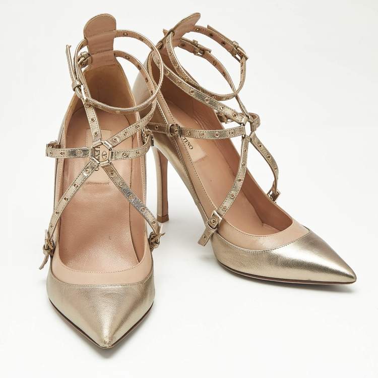 Pre Owned Valentino Gold/Beige Leather Love Latch Eyelet Embellished Pumps Size 38