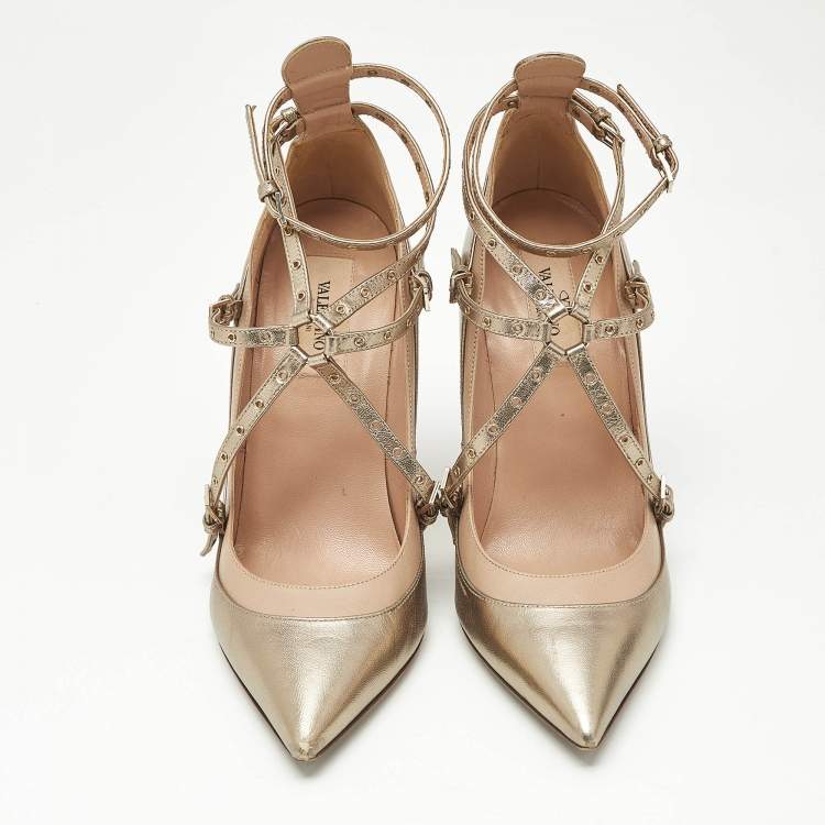 Pre Owned Valentino Gold/Beige Leather Love Latch Eyelet Embellished Pumps Size 38