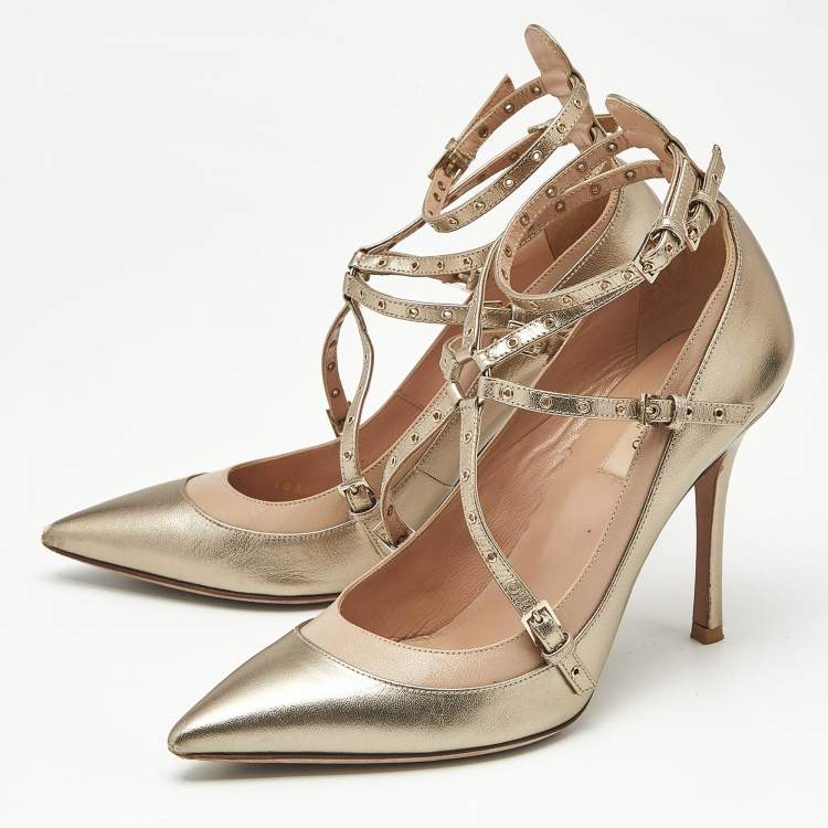 Pre Owned Valentino Gold/Beige Leather Love Latch Eyelet Embellished Pumps Size 38