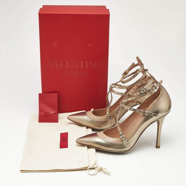 Pre Owned Valentino Gold/Beige Leather Love Latch Eyelet Embellished Pumps Size 38