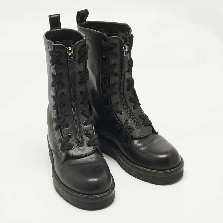 Pre Owned Valentino Black Leather Lace Up Combat Boots Size 39
