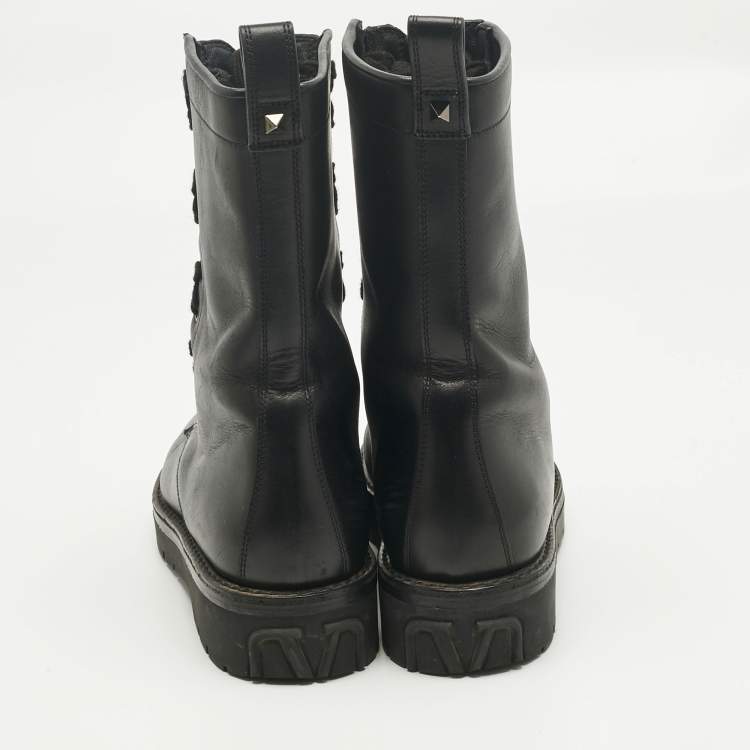Pre Owned Valentino Black Leather Lace Up Combat Boots Size 39
