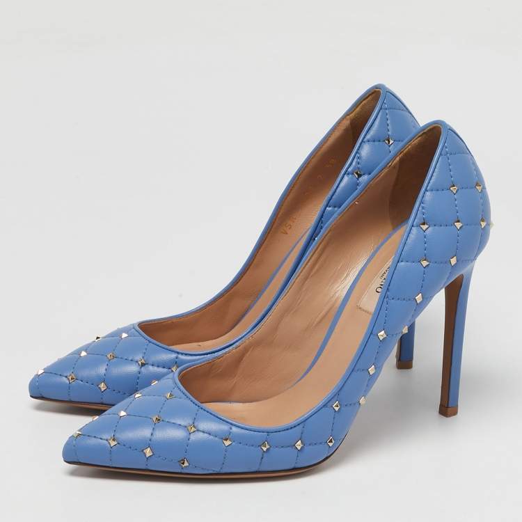 Pre Owned Valentino Blue Quilted Leather Rockstud Spike Pumps Size 38