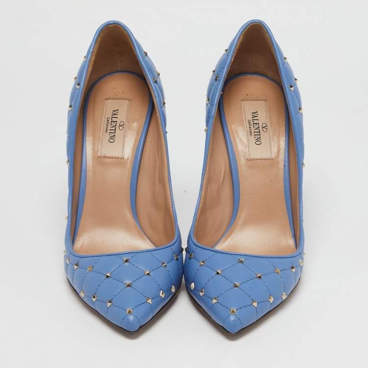 Pre Owned Valentino Blue Quilted Leather Rockstud Spike Pumps Size 38