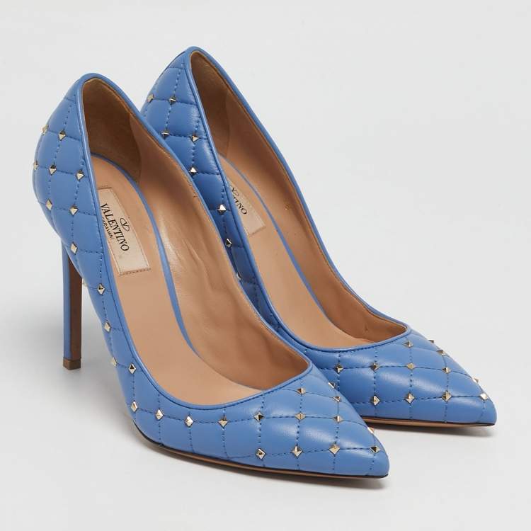 Pre Owned Valentino Blue Quilted Leather Rockstud Spike Pumps Size 38