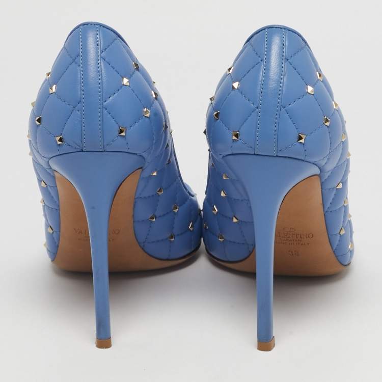 Pre Owned Valentino Blue Quilted Leather Rockstud Spike Pumps Size 38