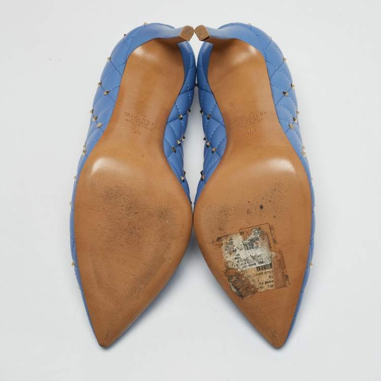 Pre Owned Valentino Blue Quilted Leather Rockstud Spike Pumps Size 38