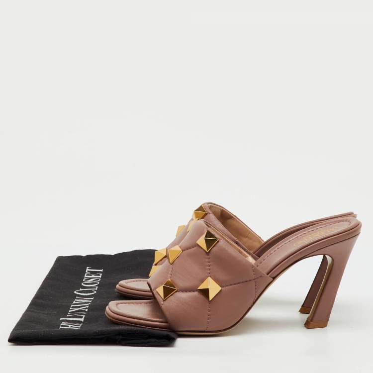 Pre Owned Valentino Dusty Pink Leather Roman Stud Slide Sandals Size 38.5