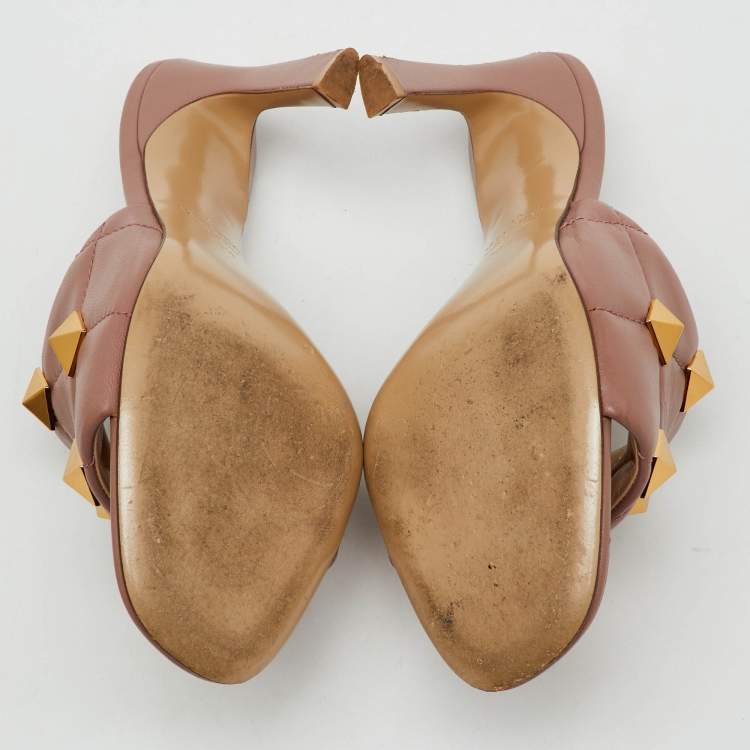 Pre Owned Valentino Dusty Pink Leather Roman Stud Slide Sandals Size 38.5