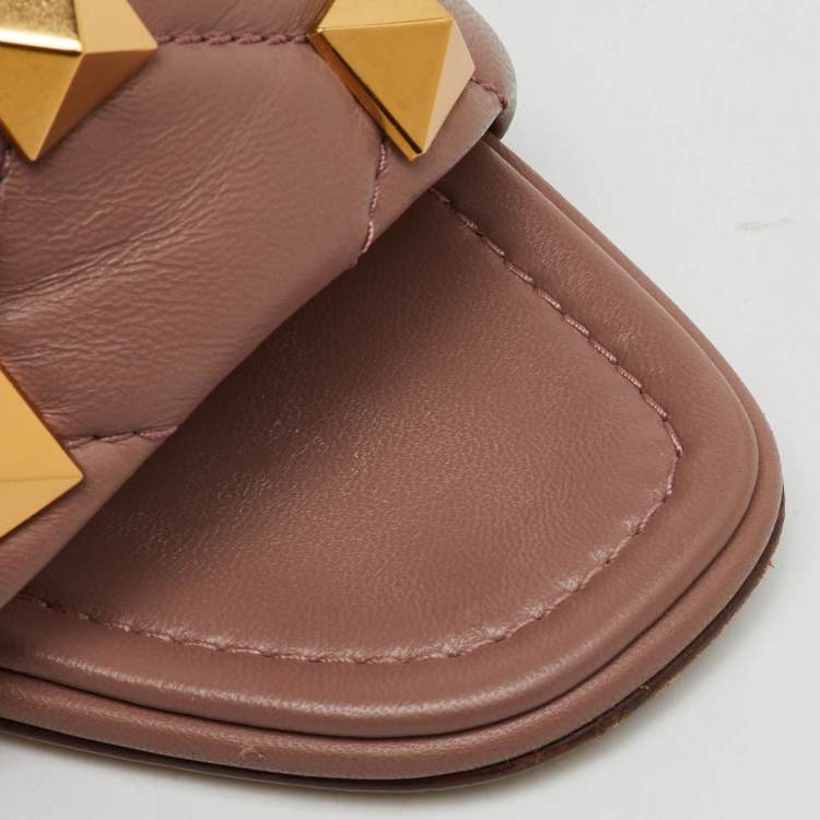 Pre Owned Valentino Dusty Pink Leather Roman Stud Slide Sandals Size 38.5