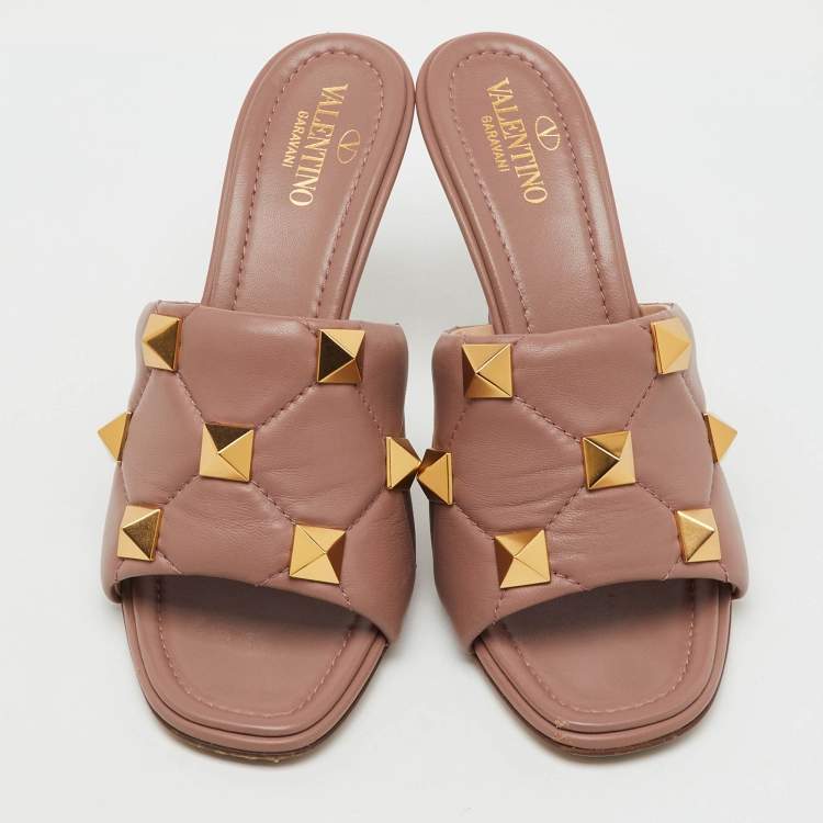 Pre Owned Valentino Dusty Pink Leather Roman Stud Slide Sandals Size 38.5