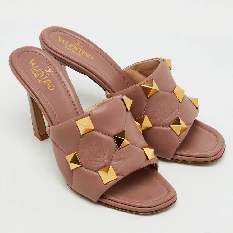 Pre Owned Valentino Dusty Pink Leather Roman Stud Slide Sandals Size 38.5