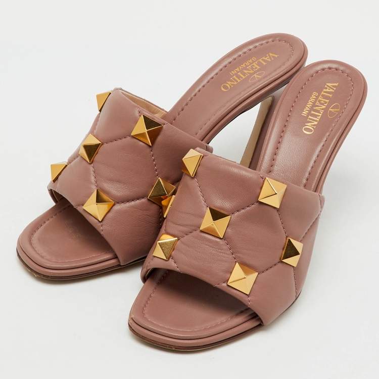 Pre Owned Valentino Dusty Pink Leather Roman Stud Slide Sandals Size 38.5