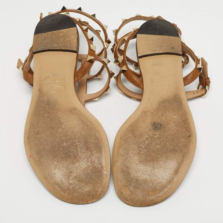 Pre Owned Valentino Brown Leather Rockstud Ankle Strap Thong Sandals Size 36.5