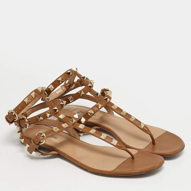 Pre Owned Valentino Brown Leather Rockstud Ankle Strap Thong Sandals Size 36.5