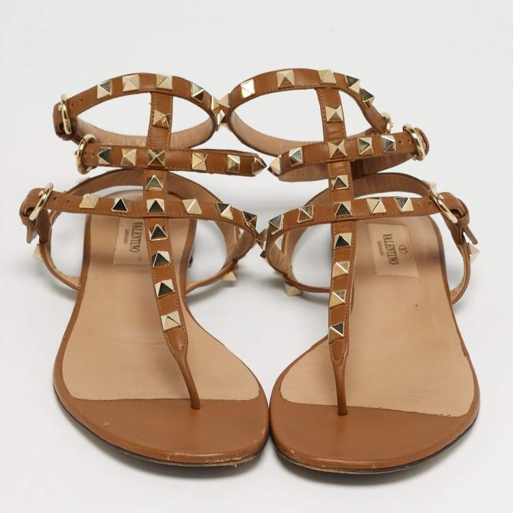 Pre Owned Valentino Brown Leather Rockstud Ankle Strap Thong Sandals Size 36.5