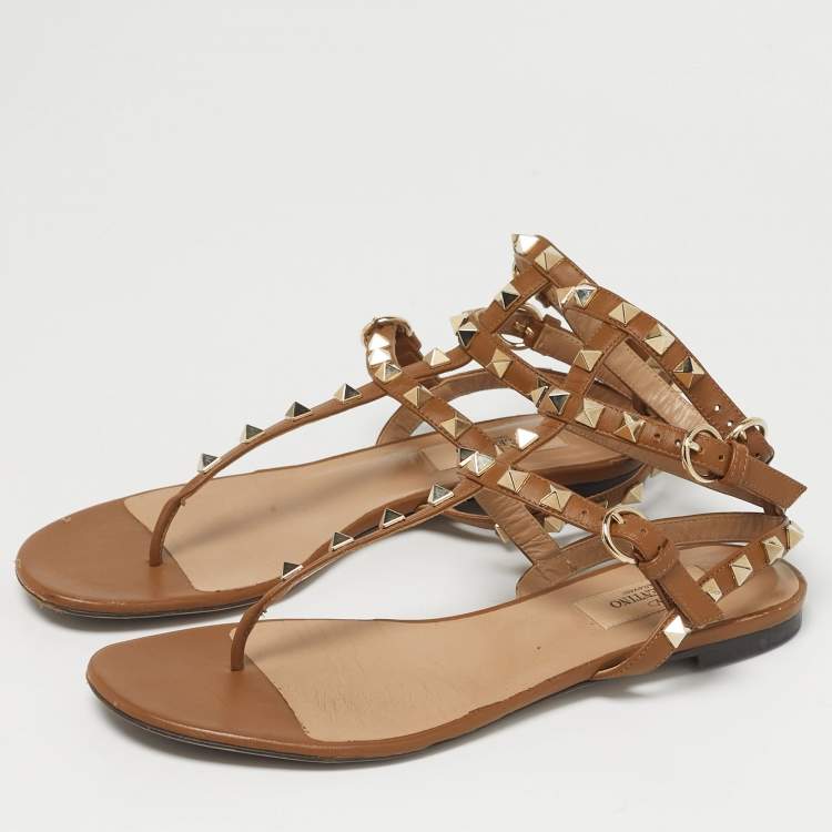 Pre Owned Valentino Brown Leather Rockstud Ankle Strap Thong Sandals Size 36.5