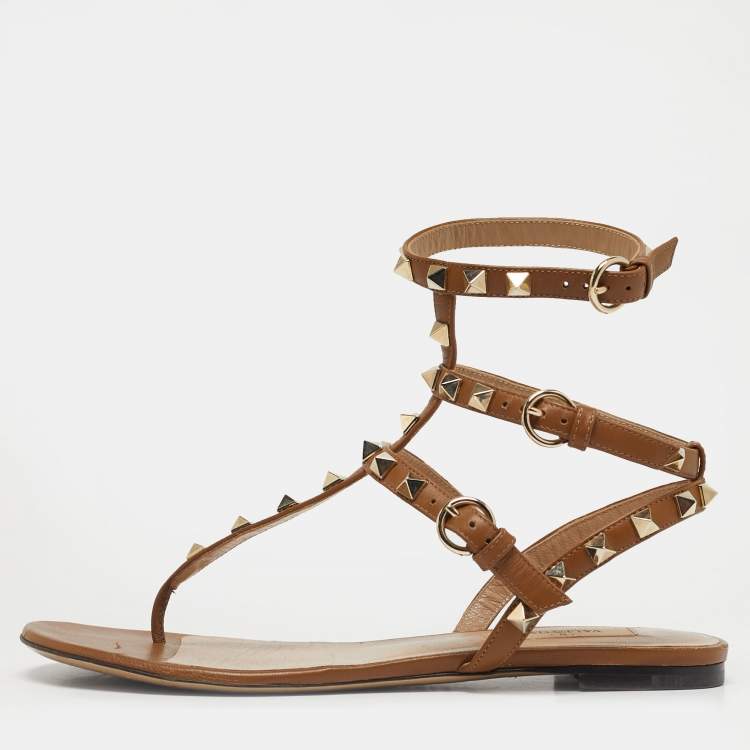 Pre Owned Valentino Brown Leather Rockstud Ankle Strap Thong Sandals Size 36.5