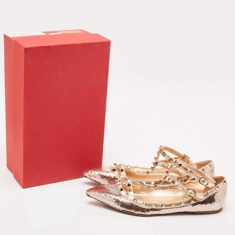 Pre Owned Valentino Rose Gold Sequins and Leather Rockstud Caged Ballet Flats Size 39.5