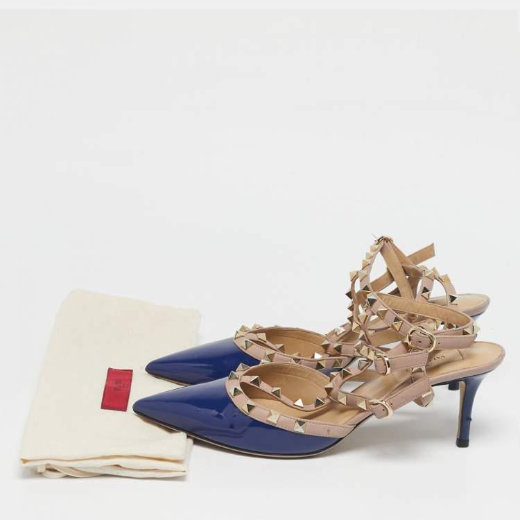 Pre Owned Valentino Blue/Beige Patent Leather Rockstud Caged Pumps Size 40