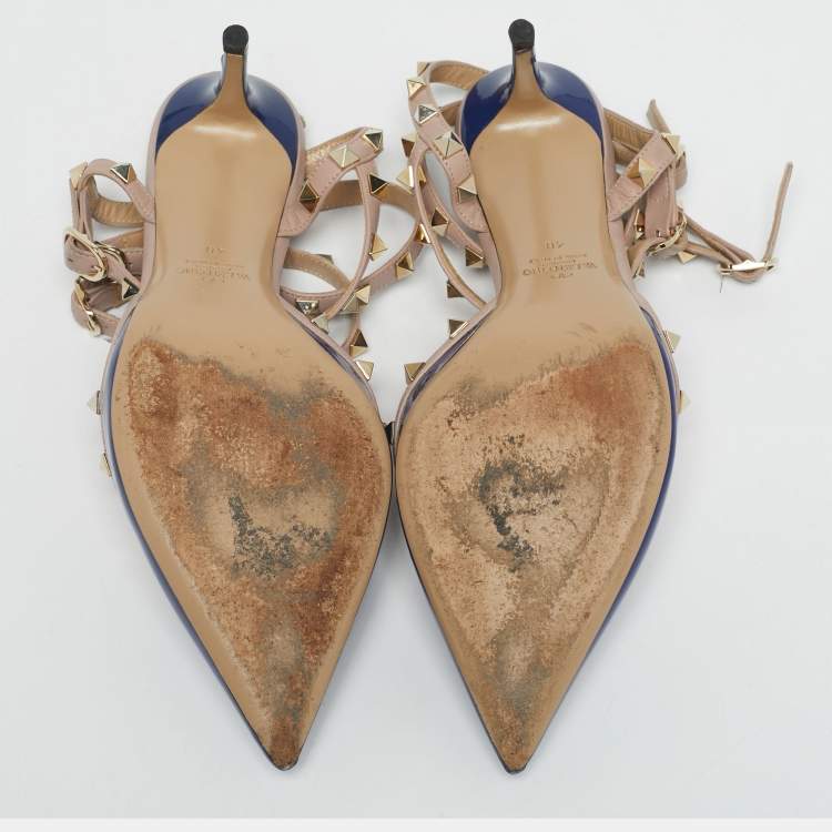 Pre Owned Valentino Blue/Beige Patent Leather Rockstud Caged Pumps Size 40