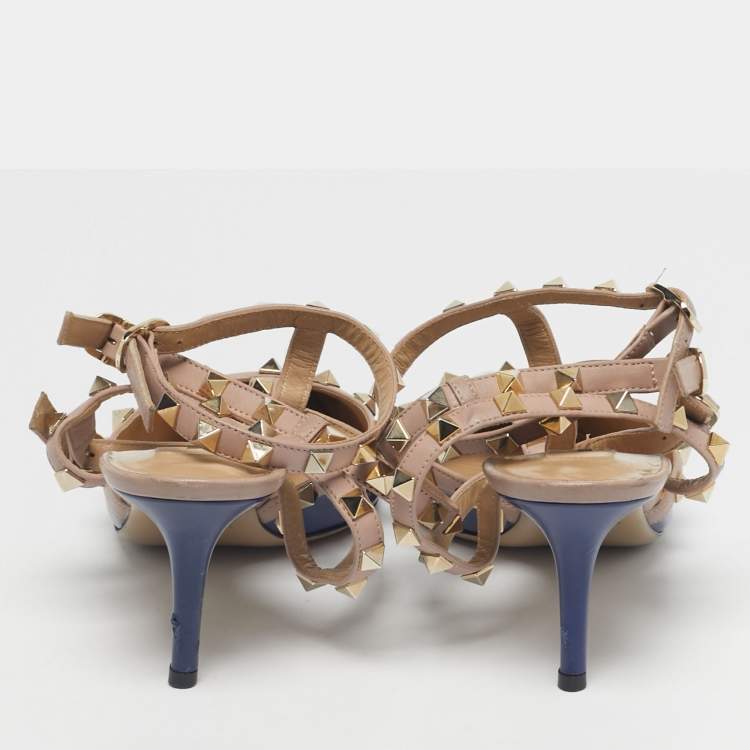 Pre Owned Valentino Blue/Beige Patent Leather Rockstud Caged Pumps Size 40