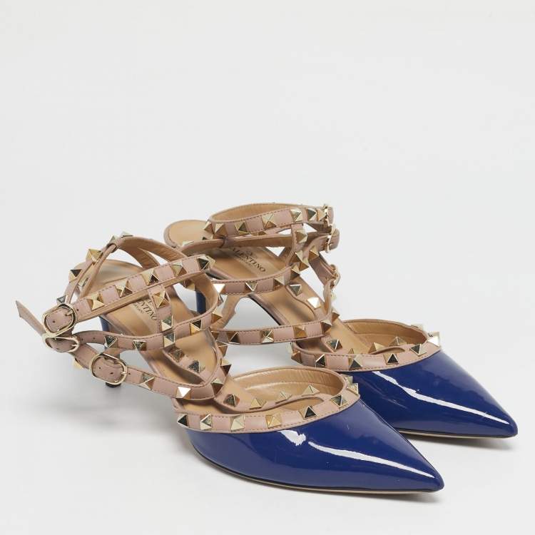 Pre Owned Valentino Blue/Beige Patent Leather Rockstud Caged Pumps Size 40