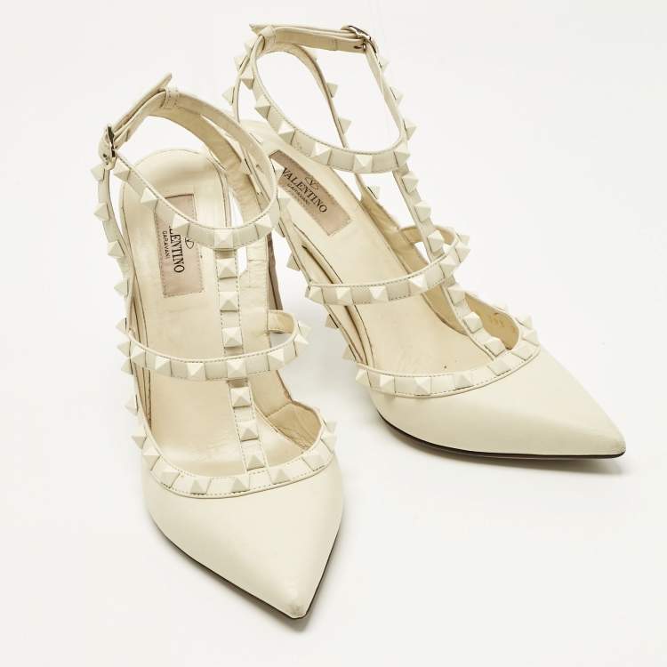 Pre Owned Valentino Off-white Leather Rockstud Pumps Size 39.5