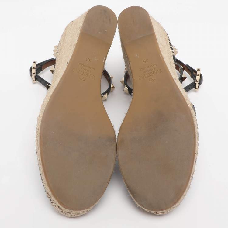 Pre Owned Valentino Black Leather Rockstud Wedge Espadrille Ankle Wrap Pumps Size 35