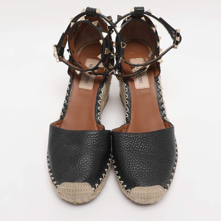 Pre Owned Valentino Black Leather Rockstud Wedge Espadrille Ankle Wrap Pumps Size 35