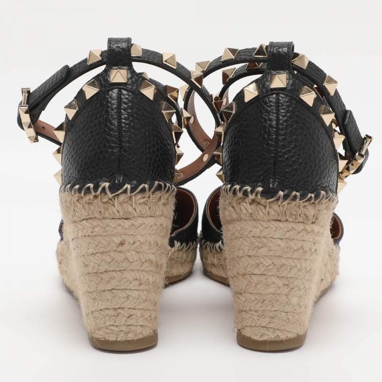 Pre Owned Valentino Black Leather Rockstud Wedge Espadrille Ankle Wrap Pumps Size 35