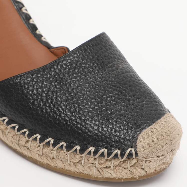 Pre Owned Valentino Black Leather Rockstud Wedge Espadrille Ankle Wrap Pumps Size 35