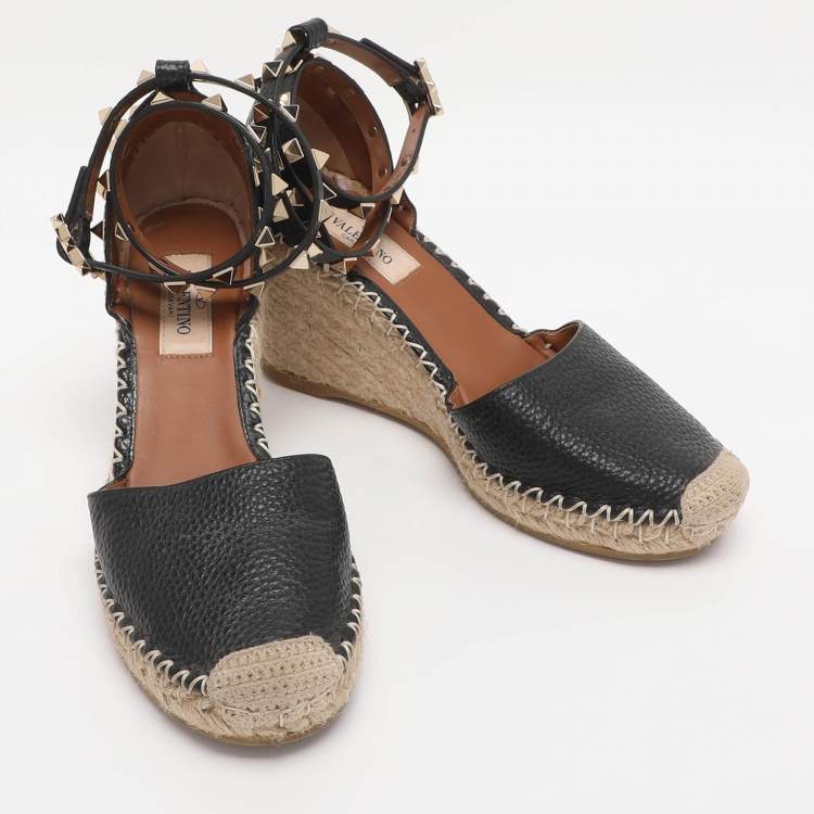 Pre Owned Valentino Black Leather Rockstud Wedge Espadrille Ankle Wrap Pumps Size 35