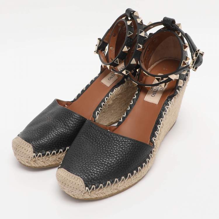 Pre Owned Valentino Black Leather Rockstud Wedge Espadrille Ankle Wrap Pumps Size 35