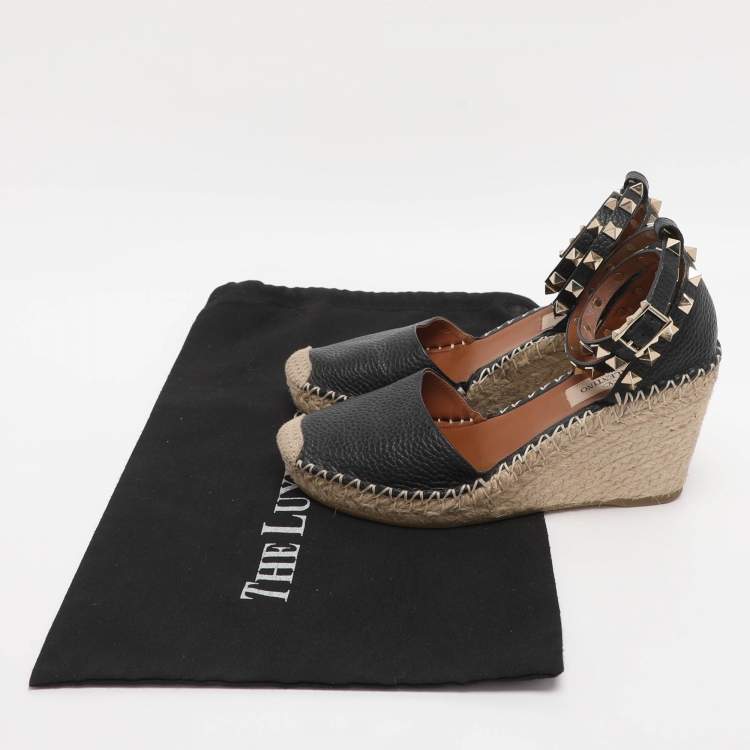 Pre Owned Valentino Black Leather Rockstud Wedge Espadrille Ankle Wrap Pumps Size 35