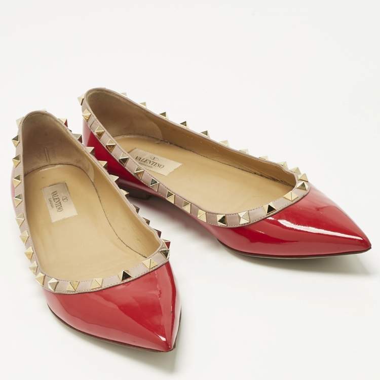 Pre Owned Valentino Red Patent Leather Rockstud Pointed Toe Ballet Flats Size 40