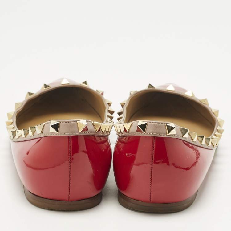 Pre Owned Valentino Red Patent Leather Rockstud Pointed Toe Ballet Flats Size 40