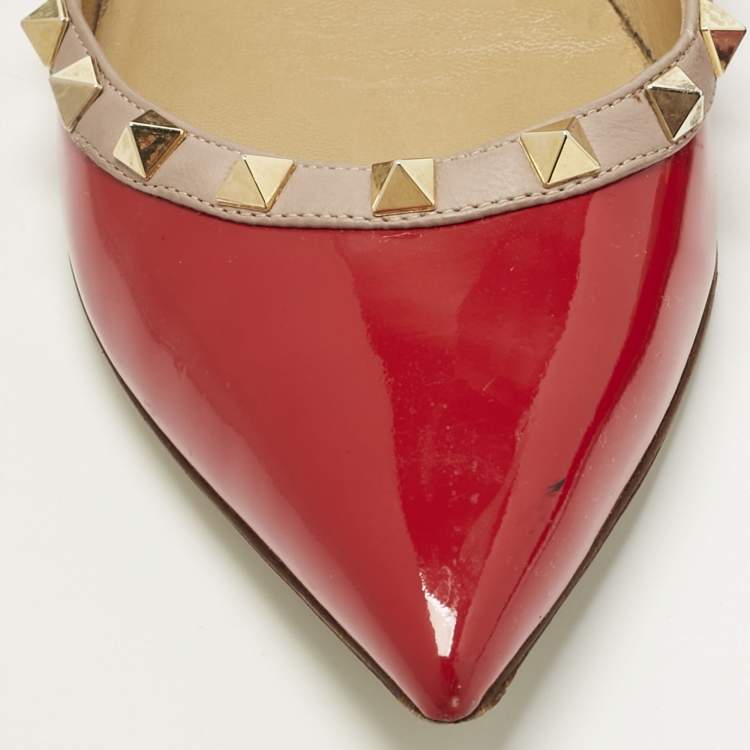 Pre Owned Valentino Red Patent Leather Rockstud Pointed Toe Ballet Flats Size 40