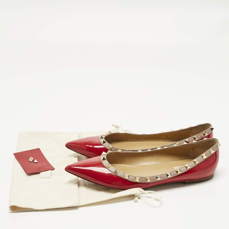 Pre Owned Valentino Red Patent Leather Rockstud Pointed Toe Ballet Flats Size 40