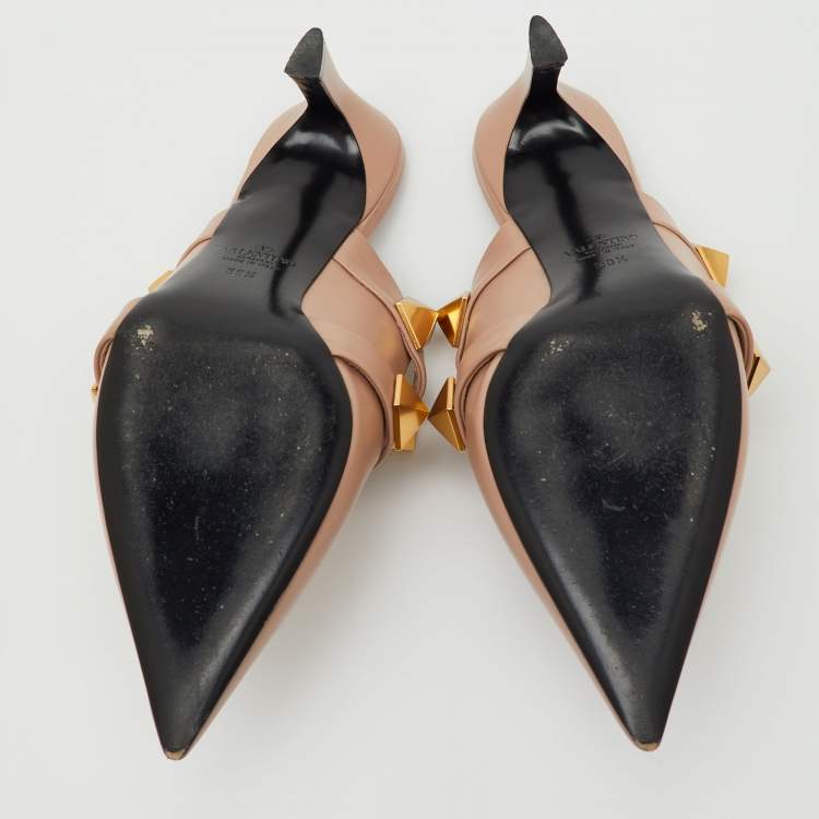 Pre Owned Valentino Beige Leather Roman Stud Pointed Toe Mules Size 39.5